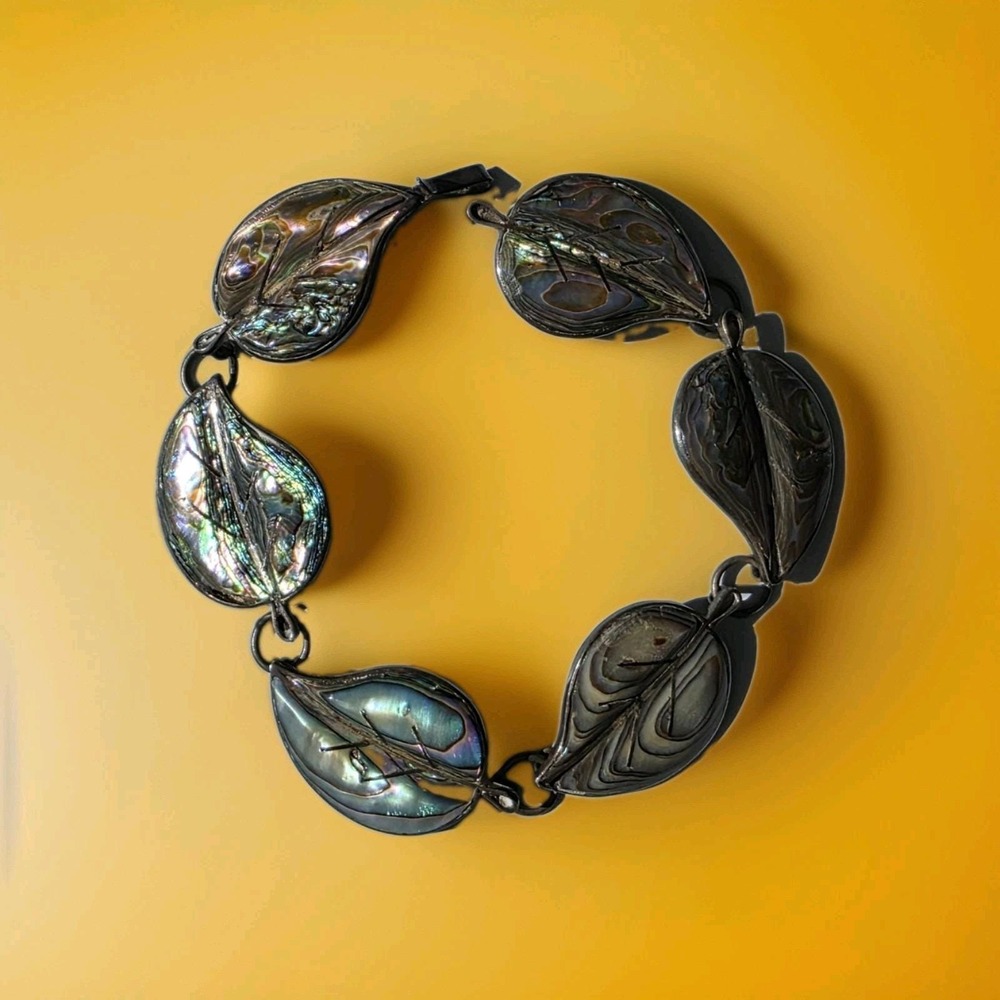 Vintage Taxco Sterling Silver GM Mexico Abalone Shell Leaf Link Bracelet 7.5"